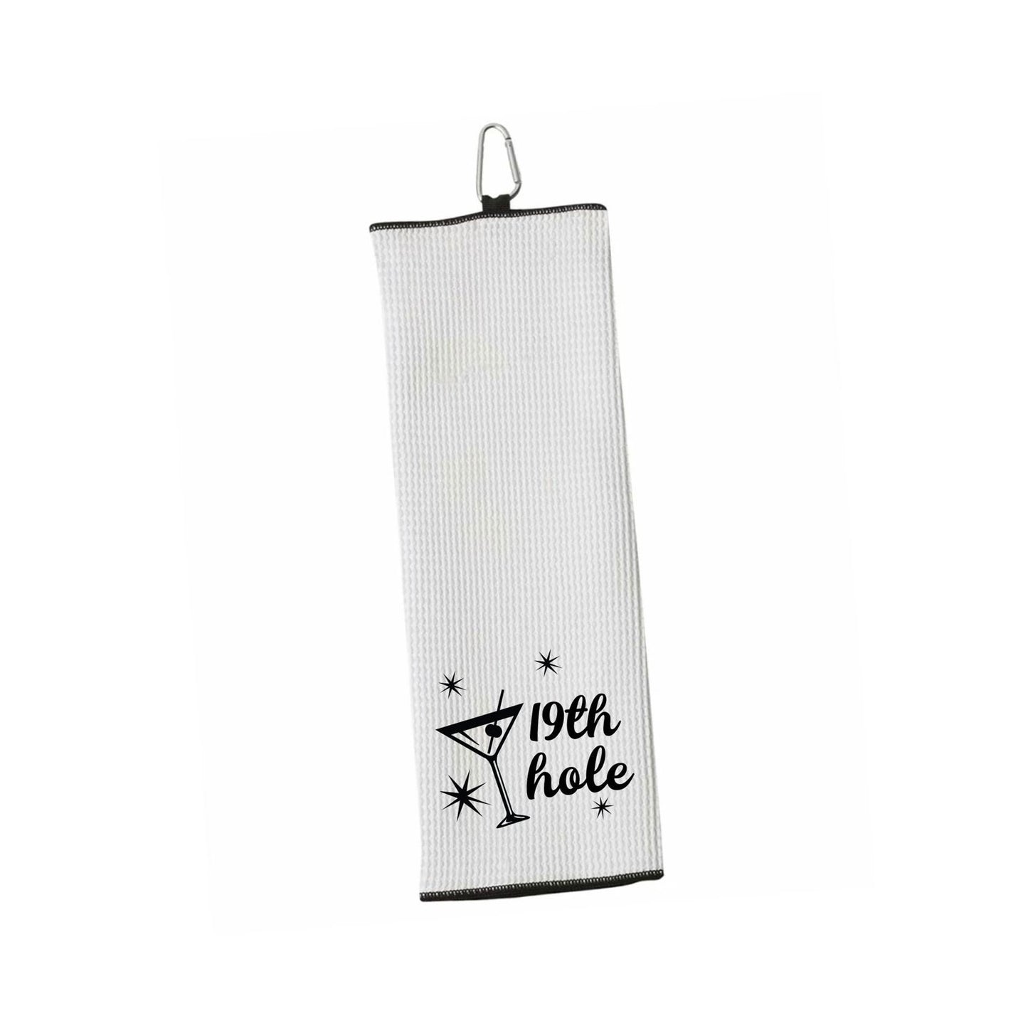 19th Hole Funny Tri-fold Golf Towel with Clip 100% Microfiber White Waffle Weave Gift Idea for Women Men