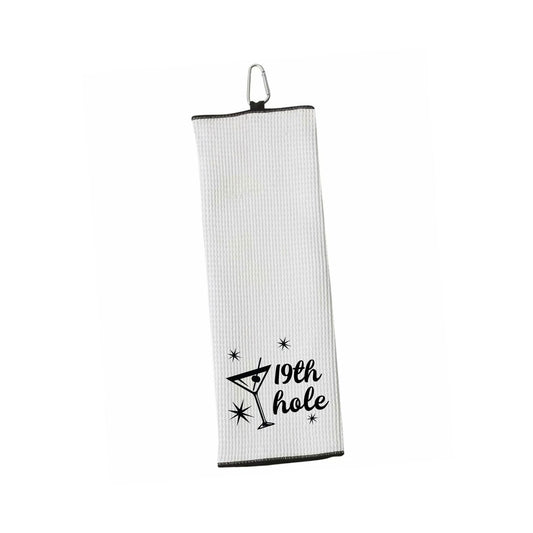 19th Hole Funny Tri-fold Golf Towel with Clip 100% Microfiber White Waffle Weave Gift Idea for Women Men