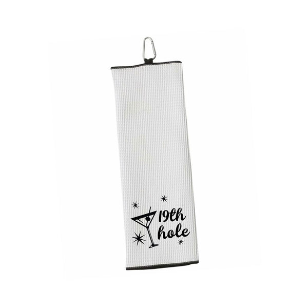 19th Hole Funny Tri-fold Golf Towel with Clip 100% Microfiber White Waffle Weave Gift Idea for Women Men