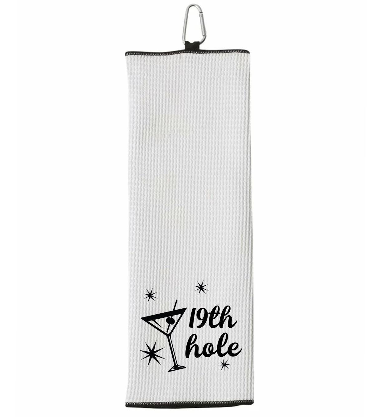 19th Hole Funny Tri-fold Golf Towel with Clip 100% Microfiber White Waffle Weave Gift Idea for Women Men