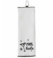 19th Hole Funny Tri-fold Golf Towel with Clip 100% Microfiber White Waffle Weave Gift Idea for Women Men
