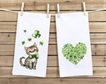 St. Patrick's Day Cat and Heart Shamrock Set of 2 Flour Sack Kitchen Towels Dish Cloth Hostess St Patricks Day Irish Gift for Women Men