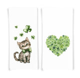 St. Patrick's Day Cat and Heart Shamrock Set of 2 Flour Sack Kitchen Towels Dish Cloth Hostess St Patricks Day Irish Gift for Women Men