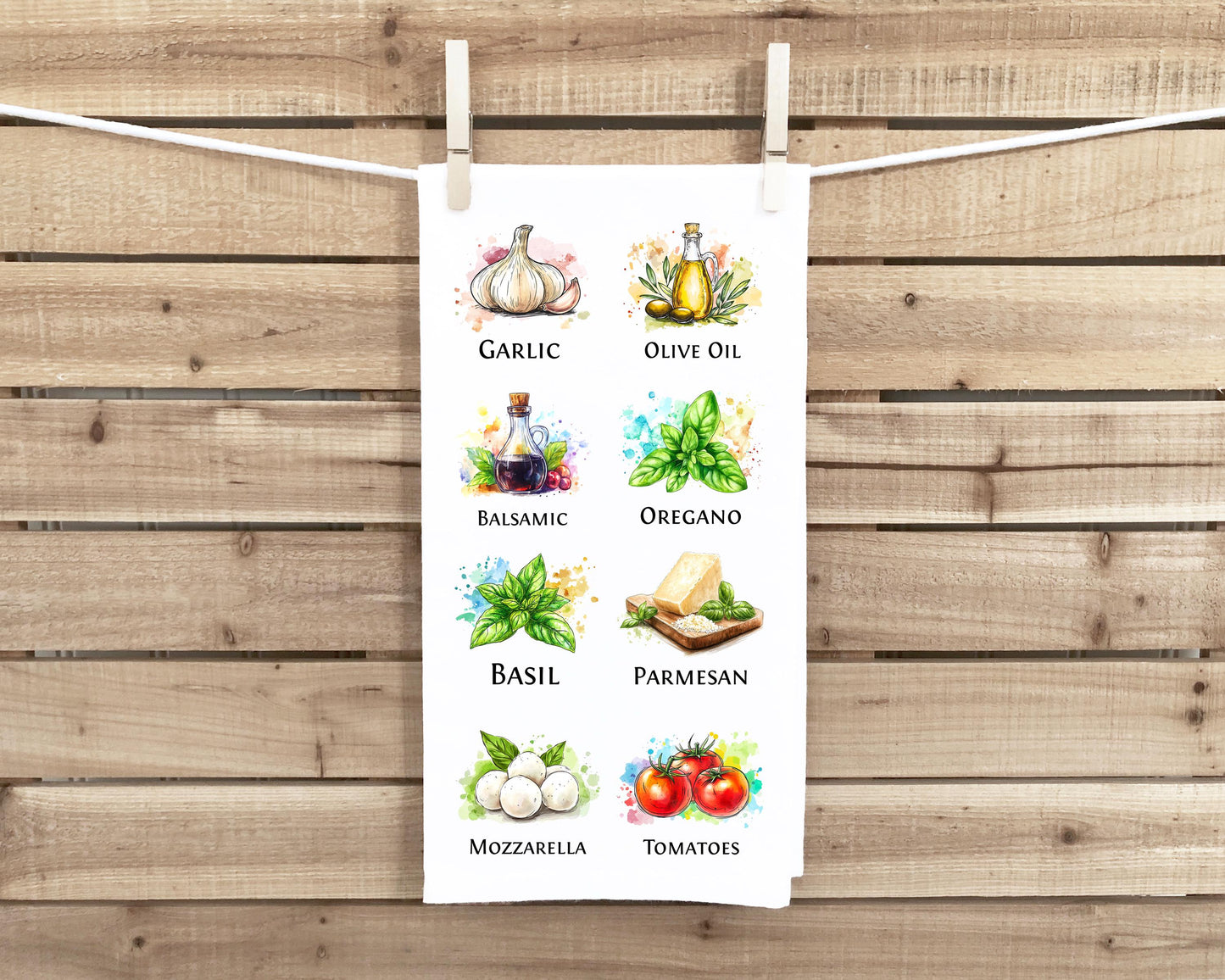 Italian Cooking Ingredients Kitchen Towel - Garlic Olive Oil Balsamic Oregano Basil Parmesan Mozzarella Tomatoes -  Gift Idea for Food Lover