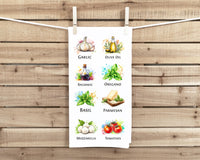 Italian Cooking Ingredients Kitchen Towel - Garlic Olive Oil Balsamic Oregano Basil Parmesan Mozzarella Tomatoes -  Gift Idea for Food Lover