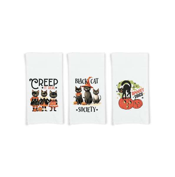 Retro Black Cat Halloween Set of 3 Flour Sack Kitchen Tea Hand Towels Fall Home Decor Party Decorations