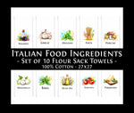 Italian Food Ingredients Kitchen Towel Set of 10 Garlic, Basil, Tomatoes, Mozzarella, Parmesan, Pasta, Porcini, Balsamic, Oregano, Olive Oil