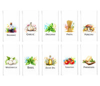 Italian Food Ingredients Kitchen Towel Set of 10 Garlic, Basil, Tomatoes, Mozzarella, Parmesan, Pasta, Porcini, Balsamic, Oregano, Olive Oil