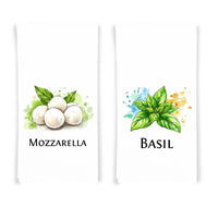 Italian Food Ingredients Kitchen Towel Set of 10 Garlic, Basil, Tomatoes, Mozzarella, Parmesan, Pasta, Porcini, Balsamic, Oregano, Olive Oil