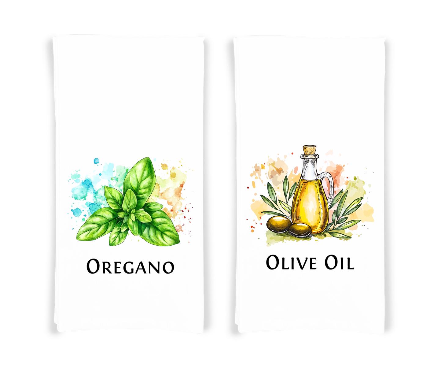 Italian Food Ingredients Kitchen Towel Set of 10 Garlic, Basil, Tomatoes, Mozzarella, Parmesan, Pasta, Porcini, Balsamic, Oregano, Olive Oil