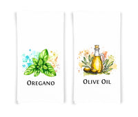 Italian Food Ingredients Kitchen Towel Set of 10 Garlic, Basil, Tomatoes, Mozzarella, Parmesan, Pasta, Porcini, Balsamic, Oregano, Olive Oil