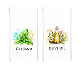 Italian Food Ingredients Kitchen Towel Set of 10 Garlic, Basil, Tomatoes, Mozzarella, Parmesan, Pasta, Porcini, Balsamic, Oregano, Olive Oil
