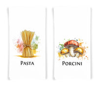 Italian Food Ingredients Kitchen Towel Set of 10 Garlic, Basil, Tomatoes, Mozzarella, Parmesan, Pasta, Porcini, Balsamic, Oregano, Olive Oil