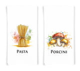 Italian Food Ingredients Kitchen Towel Set of 10 Garlic, Basil, Tomatoes, Mozzarella, Parmesan, Pasta, Porcini, Balsamic, Oregano, Olive Oil