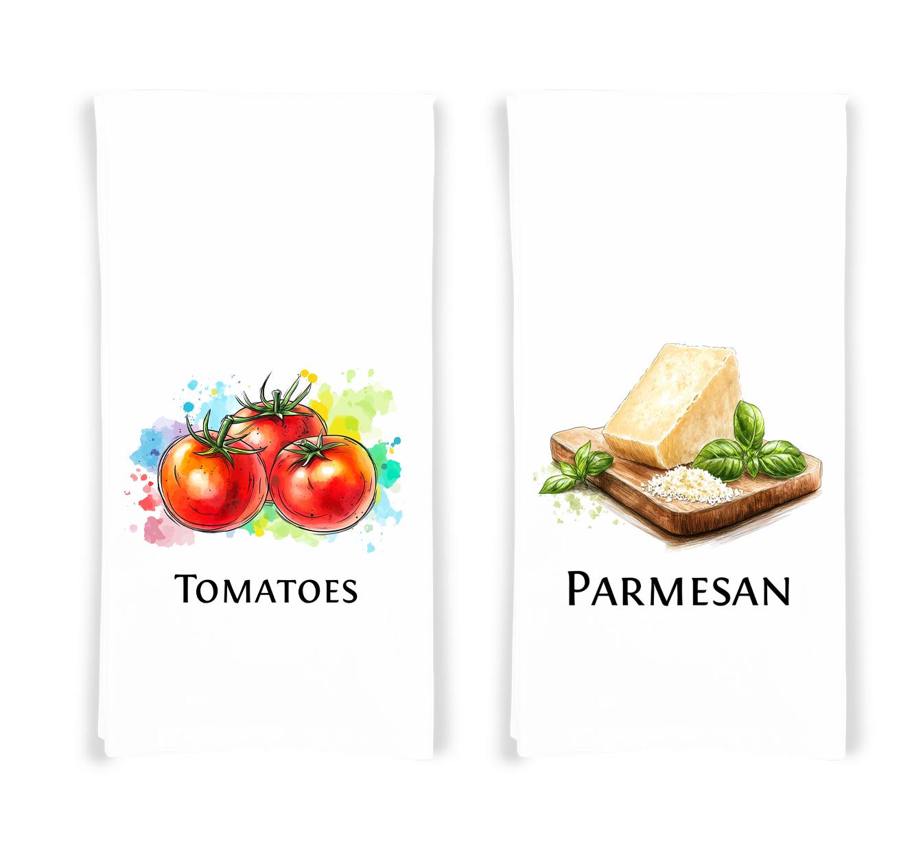 Italian Food Ingredients Kitchen Towel Set of 10 Garlic, Basil, Tomatoes, Mozzarella, Parmesan, Pasta, Porcini, Balsamic, Oregano, Olive Oil