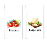 Italian Food Ingredients Kitchen Towel Set of 10 Garlic, Basil, Tomatoes, Mozzarella, Parmesan, Pasta, Porcini, Balsamic, Oregano, Olive Oil