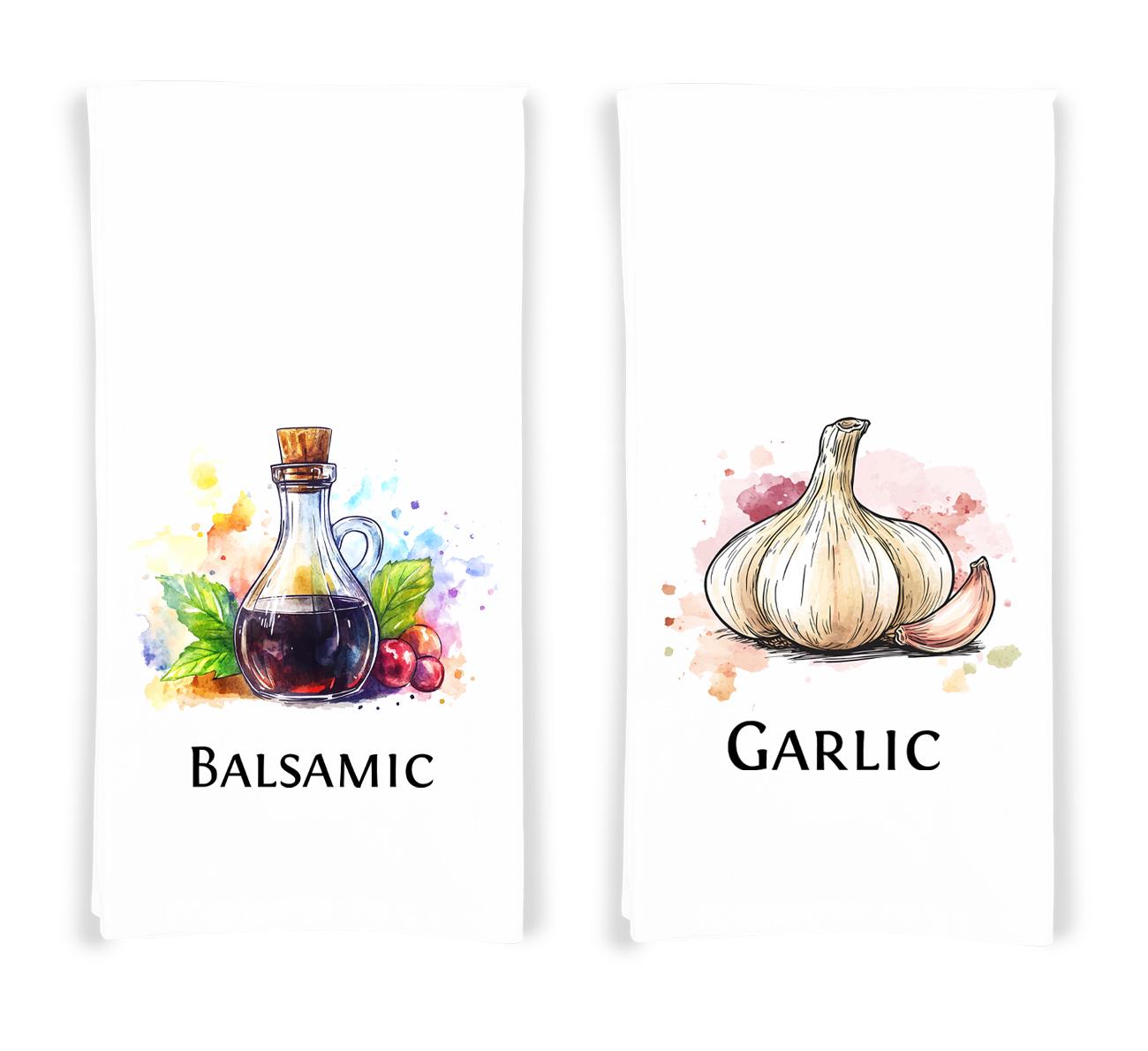 Italian Food Ingredients Kitchen Towel Set of 10 Garlic, Basil, Tomatoes, Mozzarella, Parmesan, Pasta, Porcini, Balsamic, Oregano, Olive Oil