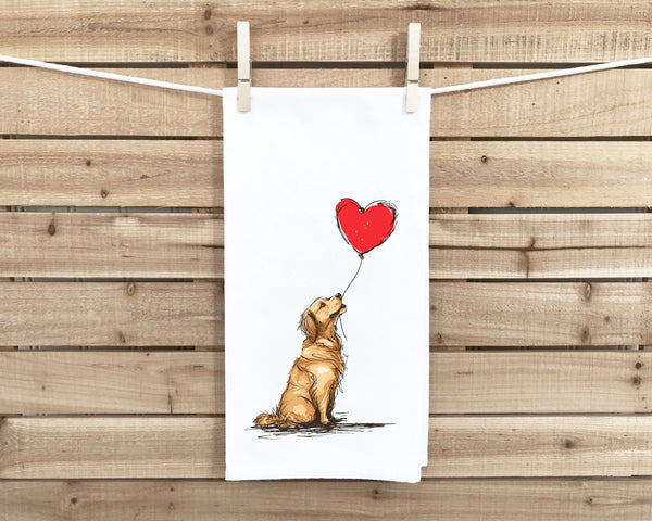 Golden Retriever with Heart Balloon Flour Sack Kitchen Towel Housewarming Birthday Christmas Valentine's Mother's Day Gift Idea