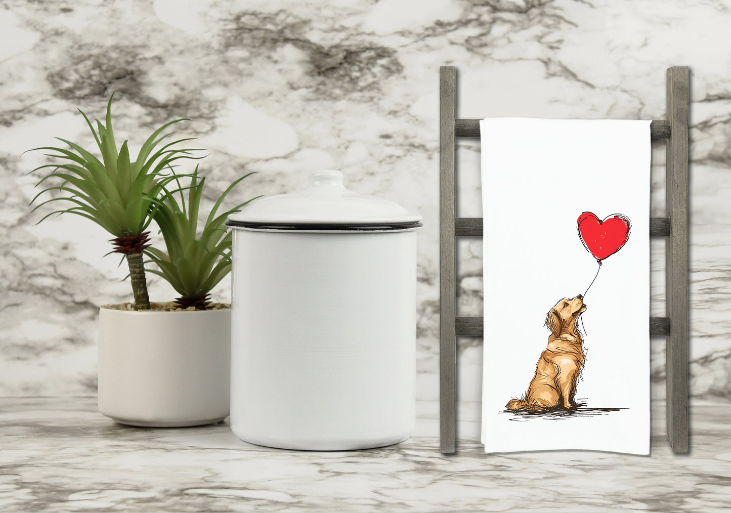 Golden Retriever with Heart Balloon Flour Sack Kitchen Towel Housewarming Birthday Christmas Valentine's Mother's Day Gift Idea