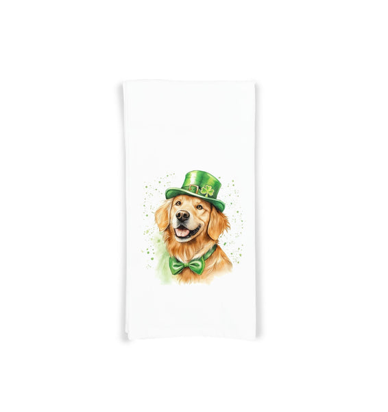 Golden Retriever St. Patricks's Day 100% Cotton Flour Sack Tea Towel with Hanging Loop - Saint Patty's Kitchen Decor