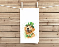 Golden Retriever St. Patricks's Day 100% Cotton Flour Sack Tea Towel with Hanging Loop - Saint Patty's Kitchen Decor
