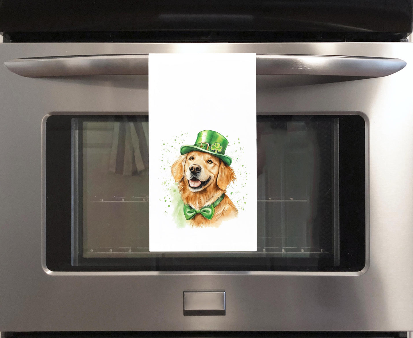 Golden Retriever St. Patricks's Day 100% Cotton Flour Sack Tea Towel with Hanging Loop - Saint Patty's Kitchen Decor