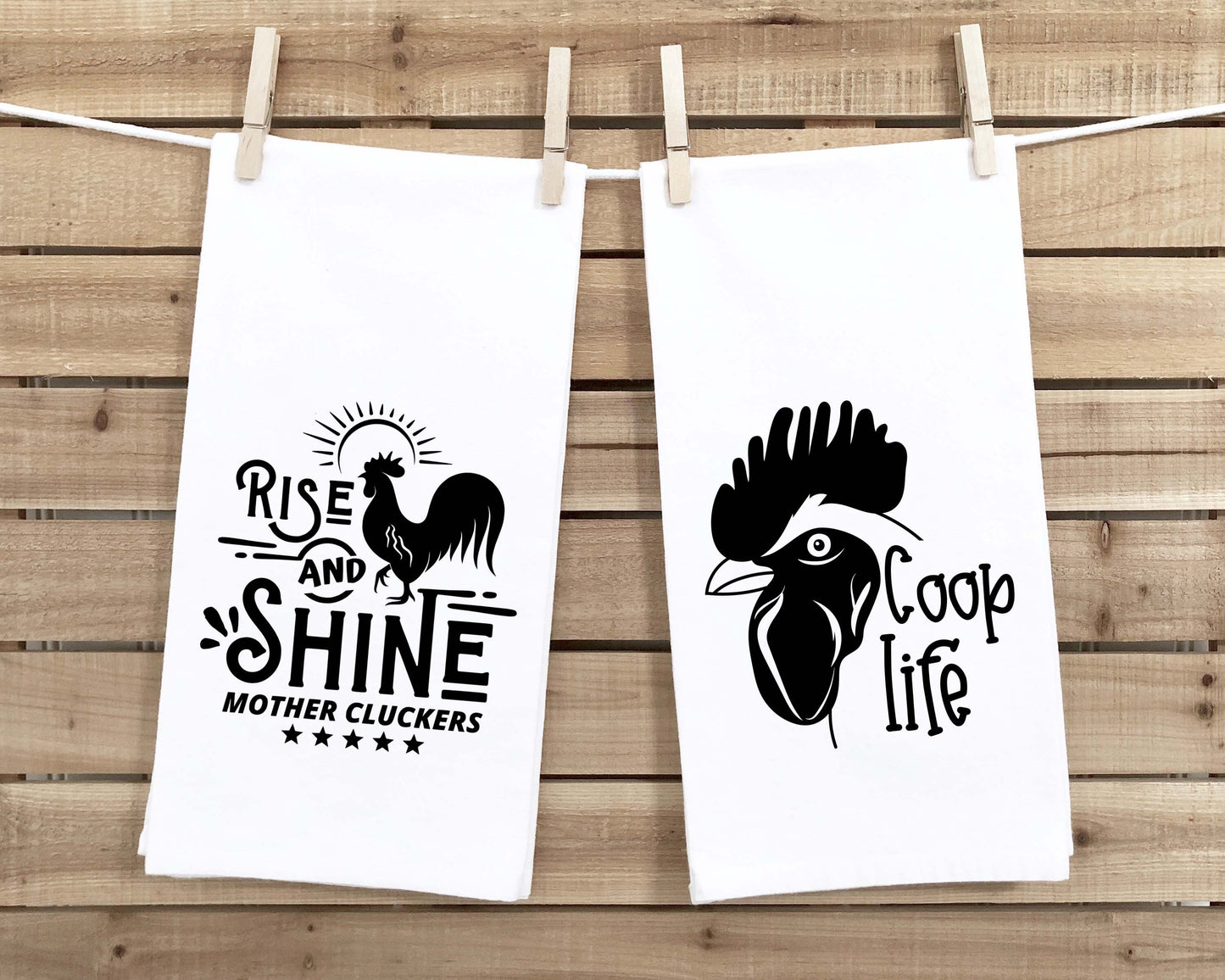 Coop Life and Rise and Shine Mother Cluckers Set of 2 Funny Farmhouse Kitchen Tea Towels Home Decor Housewarming Gift Idea for Women Men