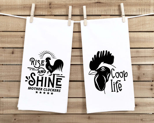 Coop Life and Rise and Shine Mother Cluckers Set of 2 Funny Farmhouse Kitchen Tea Towels Home Decor Housewarming Gift Idea for Women Men