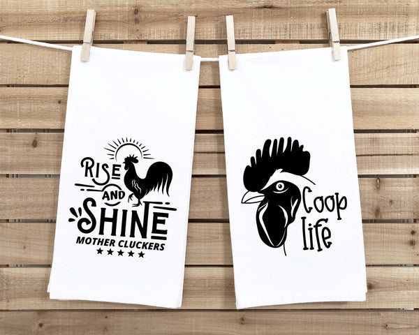 Coop Life and Rise and Shine Mother Cluckers Set of 2 Funny Farmhouse Kitchen Tea Towels Home Decor Housewarming Gift Idea for Women Men