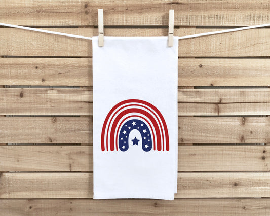 Patriotic Stars and Stripes Rainbow Flour Sack Kitchen Towel with Hanging Loop - 4th of July Dish Cloth Housewarming Hostess Mothers Day