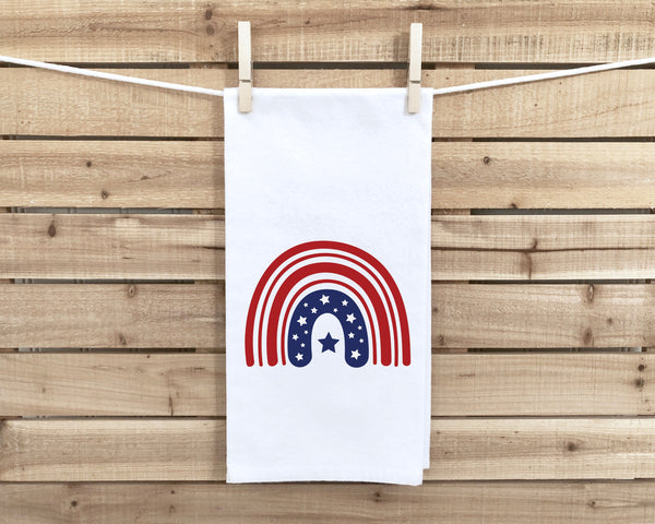 Patriotic Stars and Stripes Rainbow Flour Sack Kitchen Towel with Hanging Loop - 4th of July Dish Cloth Housewarming Hostess Mothers Day