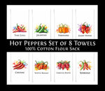 Hot Peppers Kitchen Towel Set of 8 - Habanero, Thai Chili, Ghost Pepper, Carolina Reaper, Scotch Bonnet, Cayenne, Jalapeno, Serrano