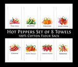 Hot Peppers Kitchen Towel Set of 8 - Habanero, Thai Chili, Ghost Pepper, Carolina Reaper, Scotch Bonnet, Cayenne, Jalapeno, Serrano