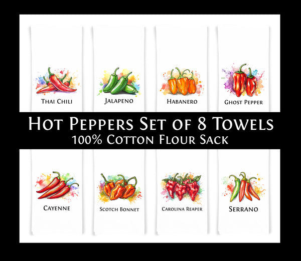 Hot Peppers Kitchen Towel Set of 8 - Habanero, Thai Chili, Ghost Pepper, Carolina Reaper, Scotch Bonnet, Cayenne, Jalapeno, Serrano