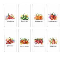 Hot Peppers Kitchen Towel Set of 8 - Habanero, Thai Chili, Ghost Pepper, Carolina Reaper, Scotch Bonnet, Cayenne, Jalapeno, Serrano