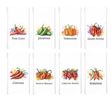 Hot Peppers Kitchen Towel Set of 8 - Habanero, Thai Chili, Ghost Pepper, Carolina Reaper, Scotch Bonnet, Cayenne, Jalapeno, Serrano