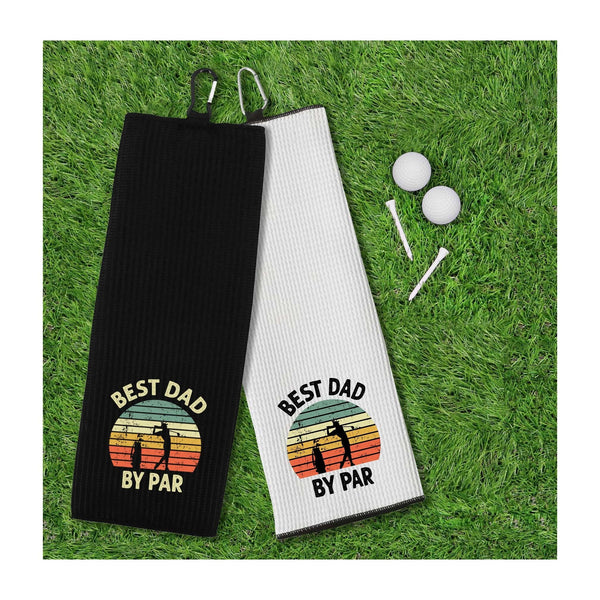 Best Dad By Par Tri-fold Golf Towel with Clip 100% Microfiber Waffle Weave Black White Gift Idea for Golfer Men