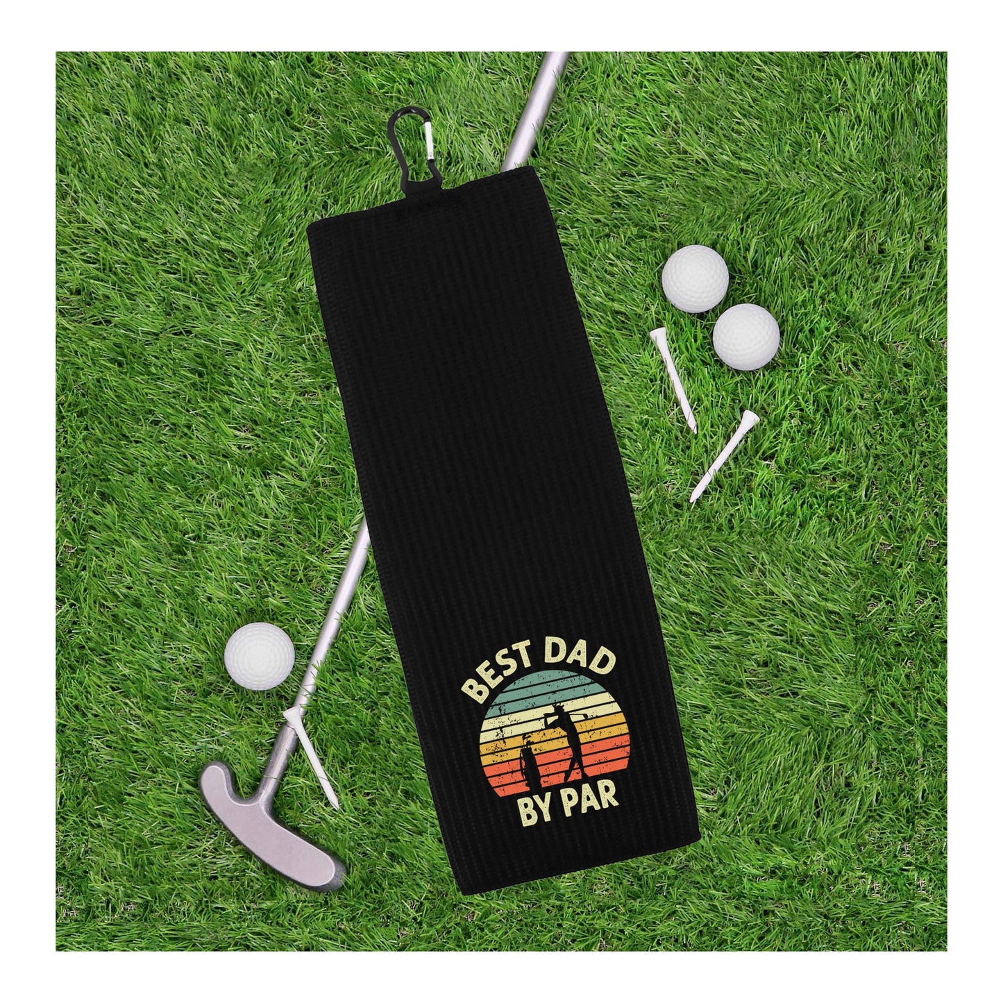 Best Dad By Par Tri-fold Golf Towel with Clip 100% Microfiber Waffle Weave Black White Gift Idea for Golfer Men