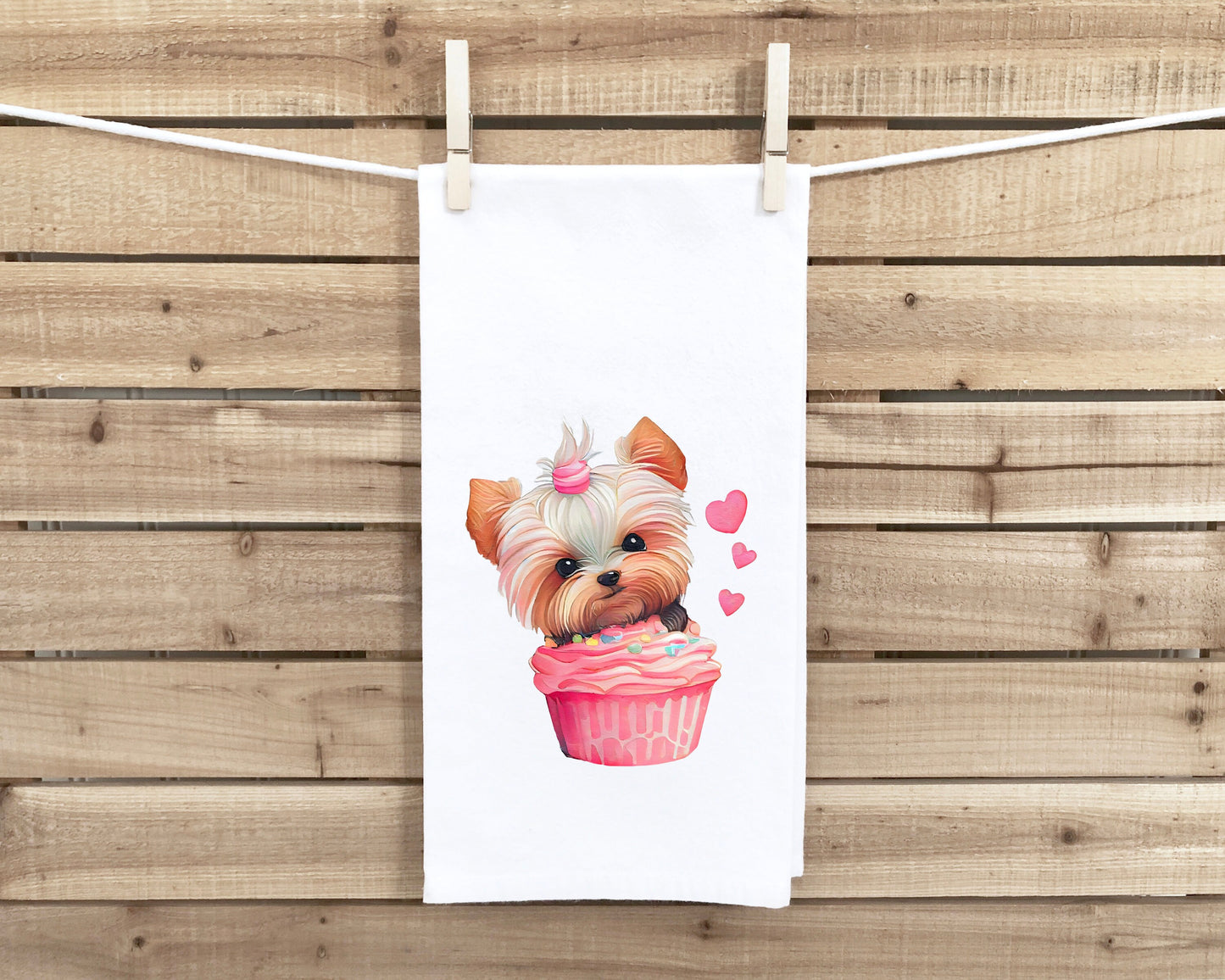 Yorkie in a Cupcake Flour Sack Kitchen Towel Cute Yorkshire Terrier Dog Lover Heart Hand Tea Dish Towel Valentine's Day Birthday Gift