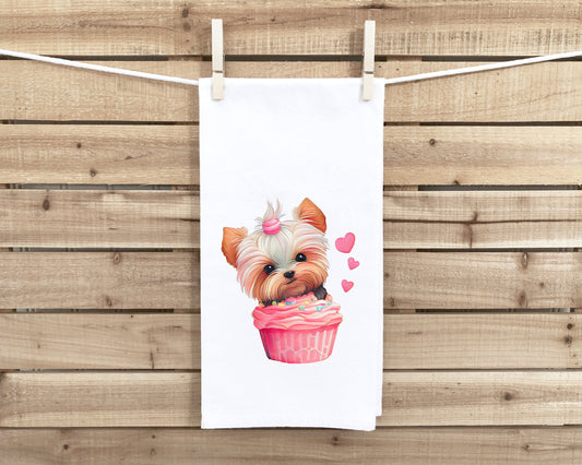 Yorkie in a Cupcake Flour Sack Kitchen Towel Cute Yorkshire Terrier Dog Lover Heart Hand Tea Dish Towel Valentine's Day Birthday Gift