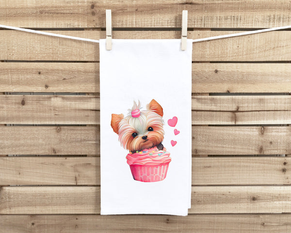 Yorkie in a Cupcake Flour Sack Kitchen Towel Cute Yorkshire Terrier Dog Lover Heart Hand Tea Dish Towel Valentine's Day Birthday Gift