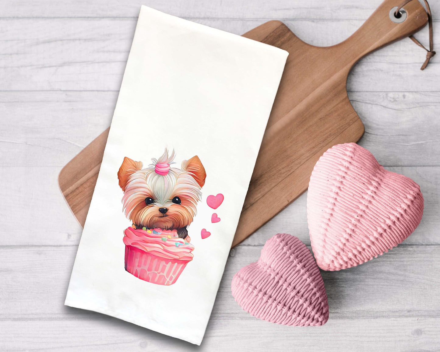 Yorkie in a Cupcake Flour Sack Kitchen Towel Cute Yorkshire Terrier Dog Lover Heart Hand Tea Dish Towel Valentine's Day Birthday Gift