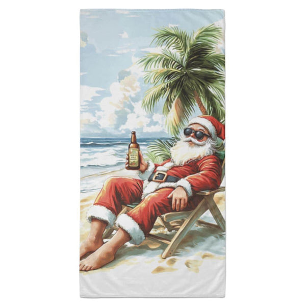 Tropical Santa Christmas Beach Towel – Funny Santa on Vacation | North Pole Brewery | Christmas in July Gift | Coastal Holiday Decor
