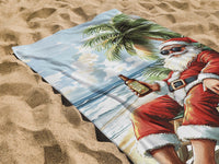 Tropical Santa Christmas Beach Towel – Funny Santa on Vacation | North Pole Brewery | Christmas in July Gift | Coastal Holiday Decor