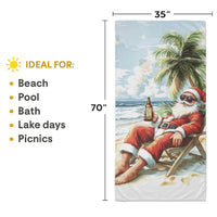 Tropical Santa Christmas Beach Towel – Funny Santa on Vacation | North Pole Brewery | Christmas in July Gift | Coastal Holiday Decor