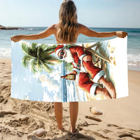 Tropical Santa Christmas Beach Towel – Funny Santa on Vacation | North Pole Brewery | Christmas in July Gift | Coastal Holiday Decor