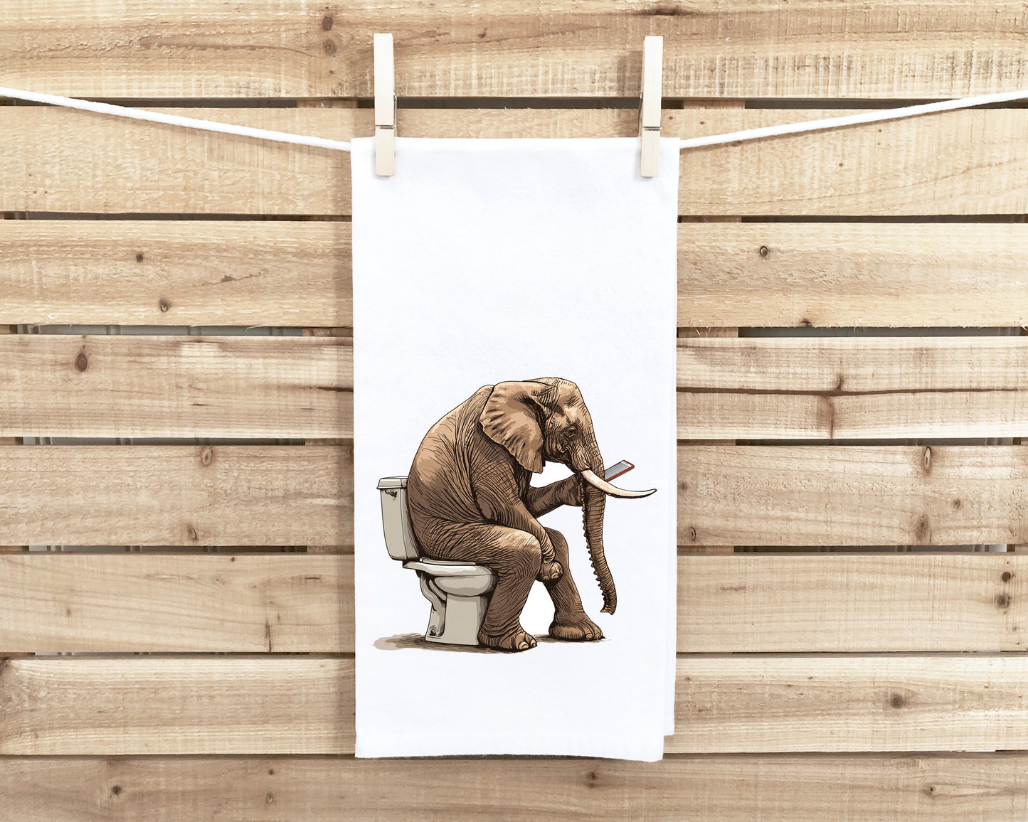 Elephant on the Toilet with Phone Flour Sack Kitchen Towel Funny Dish Cloth Housewarming Hostess Birthday Christmas Gift