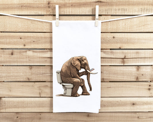 Elephant on the Toilet with Phone Flour Sack Kitchen Towel Funny Dish Cloth Housewarming Hostess Birthday Christmas Gift