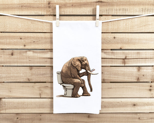 Elephant on the Toilet with Phone Flour Sack Kitchen Towel Funny Dish Cloth Housewarming Hostess Birthday Christmas Gift