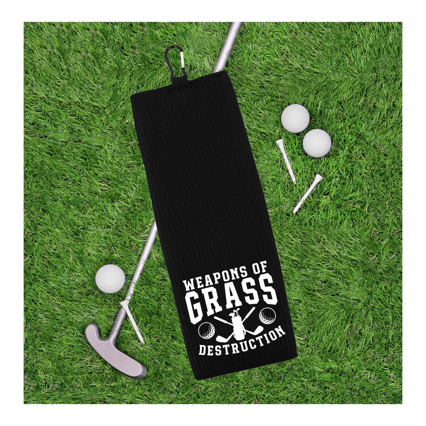 Weapons of Grass Destruction Tri-fold Golf Towel with Clip 100% Microfiber Waffle Weave Black White Gift Idea for Golfer Men Women